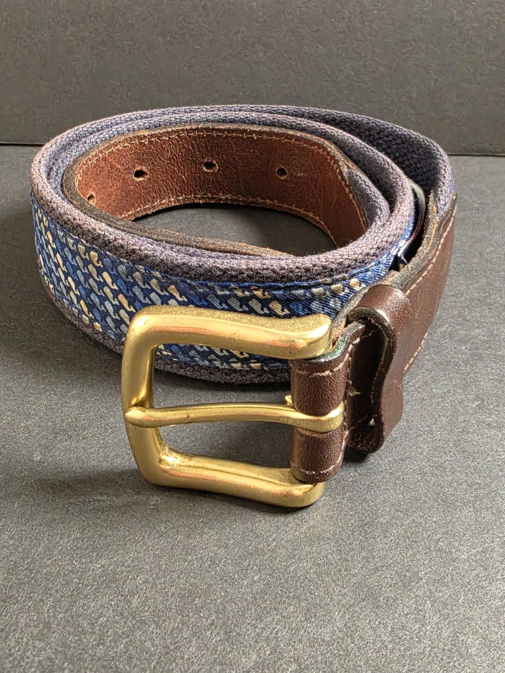 Vineyard Vines Blue Patterned Canvas Belt with Brown Leather & Gold Buckle